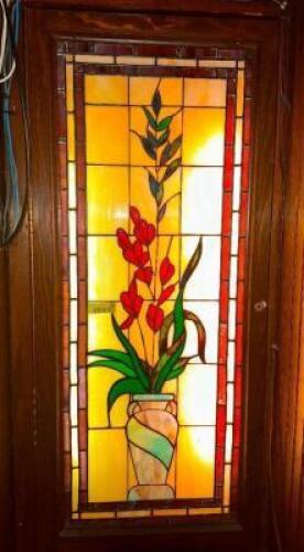 3' X 14" STAINES GLASS WINDOW PANEL W/ WOODEN FRAME.
