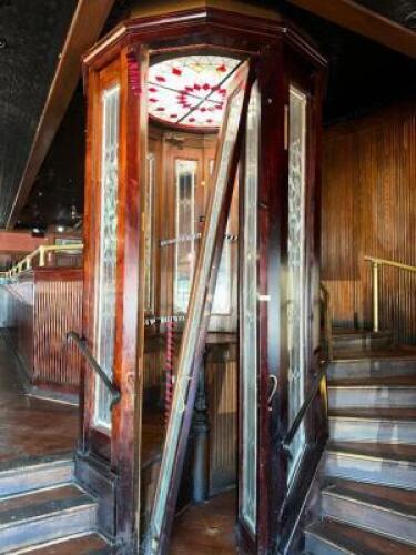 HARDWOOD PANEL AND STAINED GLASS VINTAGE PHONE BOOTH ENCLOSURE
