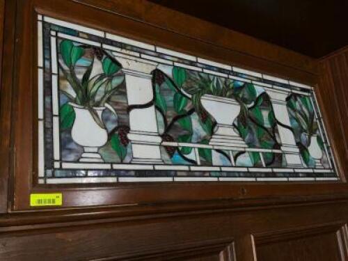 40" X 14" STAINED GLASS PANEL WITH HARDWOOD FRAME.
