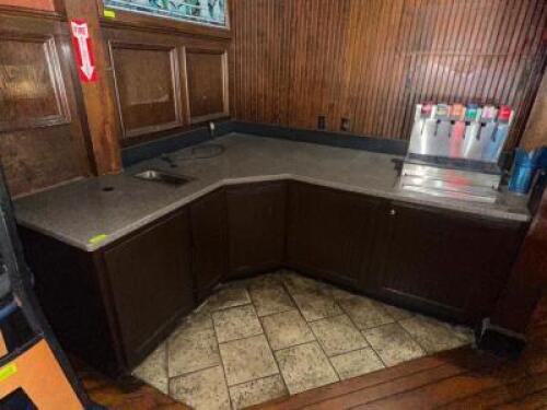 7' X 6' " L " SHAPED GREY FORMICA COUNTER TOP AND WOODEN CABINET BASE.