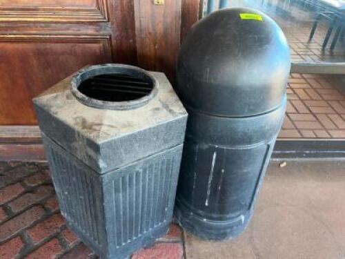 (2) ASSORTED PLASTIC OUTDOOR TRASH RECEPTACLES.