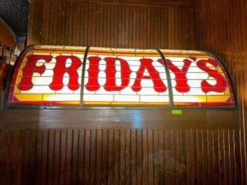 72" " FRIDAYS" STAINED GLASS CURVED AWNING STYLE PANEL W/ BACK LIGHTS.