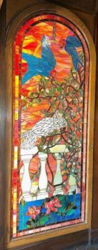 6' X 3' LARGE STAINED GLASS PANEL WITH DOME TOP. BACK LITE MOUNTED ON ACCESS PANEL DOOR.