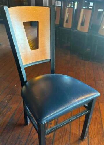 (8) WOODEN BACK DINING CHAIR W/ BLUE UPHOLSTERED SEATS. METAL FRAME BASE.