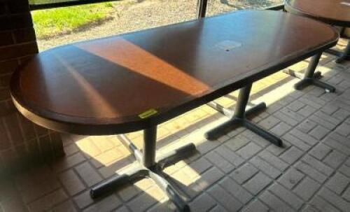 (2) 7' X 30" OVAL SHAPED COMPOSITE TABLES W/ DOUBLE PEDESTAL BASES.