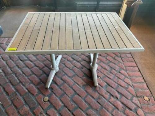 48" X 27" TEAK WOOD PATIO TABLE W/ DOUBLE PEDESTAL BASE.