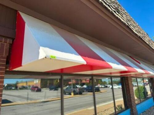 14' ALUMINUM FRAME AWNING IN RED AND WHITE STIPE VINYL WITH INTERNAL BACK LIGHTING.