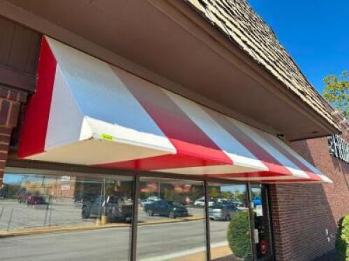 14' ALUMINUM FRAME AWNING IN RED AND WHITE STIPE VINYL WITH INTERNAL BACK LIGHTING.