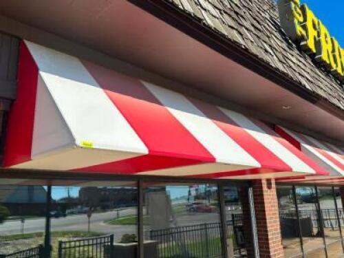 (3) 12' ALUMINUM FRAME AWNING IN RED AND WHITE STIPE VINYL WITH INTERNAL BACK LIGHTING.