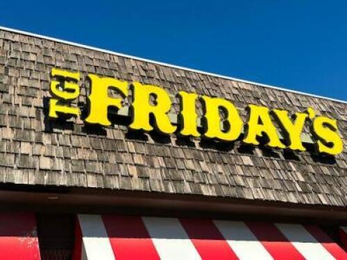 18' TGI FRIDAYS YELLOW LIGHTED STORE FRONT SIGN WITH BALLAST AND MOUNTING PLATE.