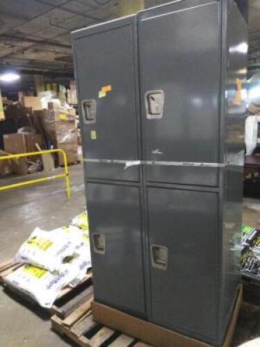 DESCRIPTION: (2) 2 TIER LARGE EXTRA WIDE COMPARTMENT WARDROBE LOCKERS BRAND/MODEL: HALLOWELL INFORMATION: DARK GRAY SIZE: 78" H X 18" W X 24" D RETAIL