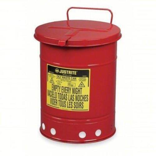 DESCRIPTION: (1) OILY WASTE CAN BRAND/MODEL: JUSTRITE #4KPX2 INFORMATION: 14 GAL CAPACITY, RED, HAND OPERATED SELF CLOSING, POWDER COATED STEEL RETAIL