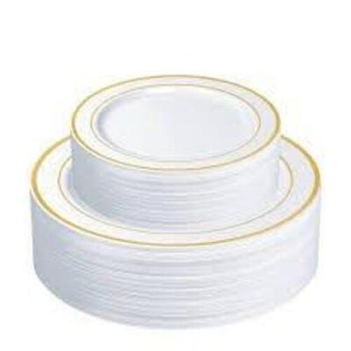 DESCRIPTION: (1) PACK OF (60) PLASTIC PLATES BRAND/MODEL: SETUP INFORMATION: GOLD TRIM, 2 SIZES, SALAD PLATES AND DINNER PLATES RETAIL$: $19.56 EA QTY