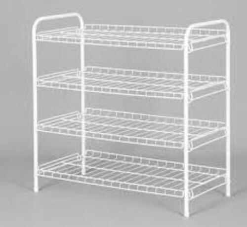 DESCRIPTION: (1) WIRE SHOE RACK BRAND/MODEL: MAINSTAYS INFORMATION: 4 SHELF, WHITE, WIRE, BACKING ON EACH SELF, FITS UP TO 12 PAIRS RETAIL$: $16.99 EA