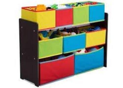 DESCRIPTION: (1) KIDS STORAGE BIN SHELF BRAND/MODEL: DELTA CHILDREN INFORMATION: MULTI COLORED BINS RETAIL$: $44.99 EA QTY: 1