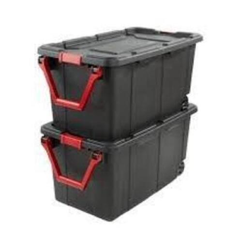 DESCRIPTION: (2) PLASTIC WHEELED INDUSTRIAL TOTEBRAND/MODEL: STERILITE #1469INFORMATION: BLACKSIZE: 40 GALLON, 37" X 21" X 18"RETAIL$: $45.99 TOTALQTY: 2