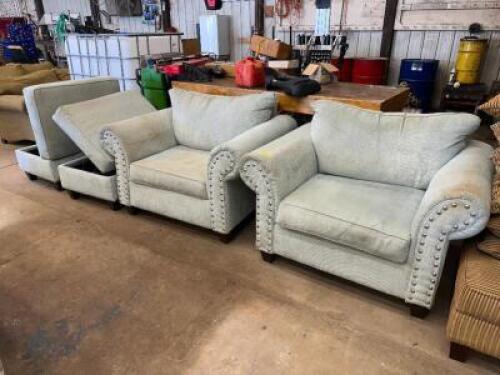 (2) - ARM CHAIRS AND (2) - STORAGE OTTOMANS