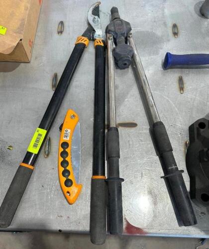 LONG HANDLE SHEARS, RIVETER, AND BOX CUTTER.