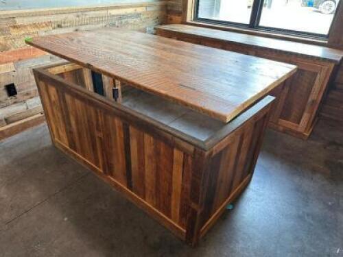 70" X 32" DESK WITH MATCHING 7' CREDENZA, CRAFTED FROM RECLAIMED SOLID WOOD WITH A RUSTIC FINISH. DESK FEATURES AN ELECTRIC LIFT TOP WITH CONTROLLER, ALLOWING IT TO CONVERT INTO A STANDING WORKSTATION. HEAVY PANEL CONSTRUCTION WITH THICK SLAB TOPS AND MAT