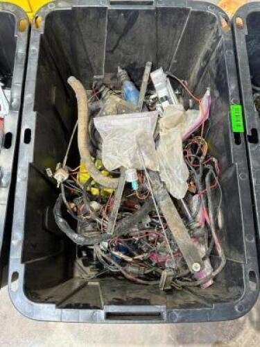 PLASTIC TOTE AND CONTENTS MUSTANG WIRING HARNESS AND ASSORTED PARTS.