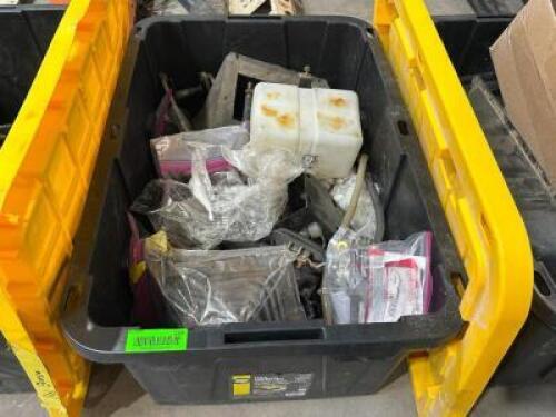 PLASTIC TOTE AND CONTENTS ASSORTED AUTOMOTIVE PARTS.