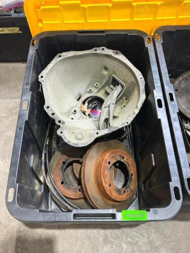 PLASTIC TOTE AND CONTENTS ASSORTED AUTOMOTIVE PARTS.