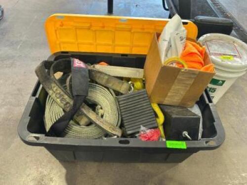 PLASTIC TOTE AND CONTENTS ASSORTED TOOLING AND STRAPS