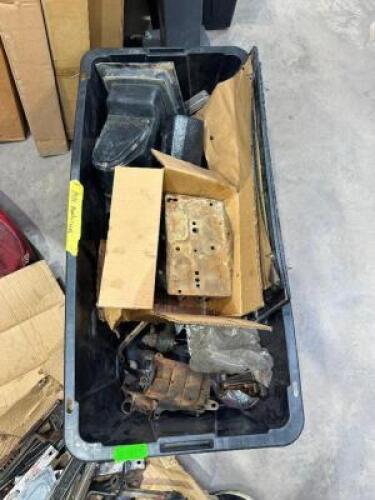 BLACK PLASTIC TOTE AND CONTENTS ASSORTED AUTOMOTIVE PART. SOME ARE VINTAGE.