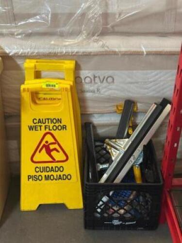 ASSORTED WET FLOOR SIGNS AND JANITORIAL TOOLS