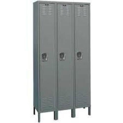 DESCRIPTION: (1) EXTRA WIDE COMPARTMENT WARDROBE LOCKERS BRAND/MODEL: HALLOWELL INFORMATION: DARK GRAY, 3 WIDE, 1 TIER SIZE: 85" H X 18" W X 24" D RET