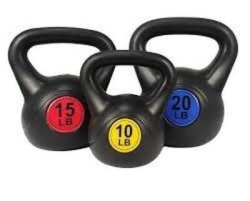 DESCRIPTION: (1) BOX OF (3) KETTLEBELL WEIGHTS BRAND/MODEL: ELG KB101520 INFORMATION: 10,15,20 LB RETAIL$: $23.99 EA QTY: 1