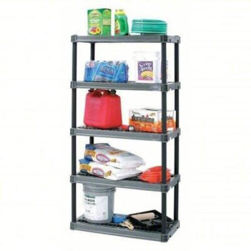 DESCRIPTION: (1) PLASTIC SHELVING BRAND/MODEL: PLANO MOLDING #54VJ03 INFORMATION: BLACK, PLASTIC, 5 SHELVES SIZE: 36" X 18" X 74" RETAIL$: $94.81 EA Q