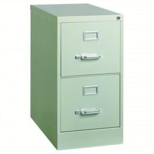 DESCRIPTION: (1) VERTICAL FILE CABINETBRAND/MODEL: HIRSH #415G19INFORMATION: LIGHT GRAY, 2 DRAWERSSIZE: 28 3/8 IN OVERALL HT, 26 1/2 IN OVERALL DP, 15 IN OVERALL WDRETAIL$: $325.07 EAQTY: 1