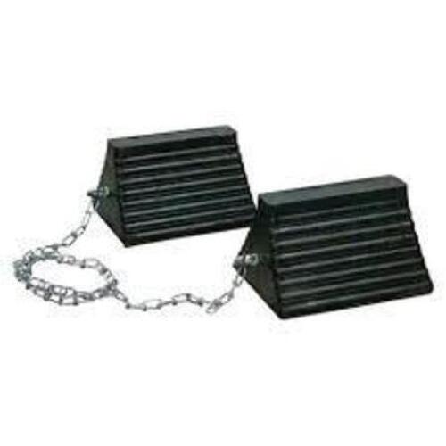 DESCRIPTION: (1) LOT OF (2) RUBBER WHEEL CHOCKS BRAND/MODEL: BUYERS INFORMATION: BLACK/WITH CHAIN SIZE: 16"L X 7"W X 4"H RETAIL$: 82.95 PER LOT QTY: 1