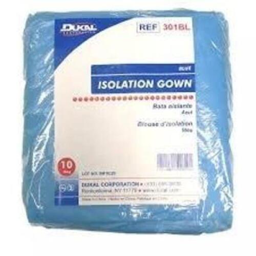 DESCRIPTION: (1) BOX OF (50) ISOLATION GOWN BRAND/MODEL: DUKAL #301BL INFORMATION: BLUE SIZE: ` RETAIL$: $57.00 EA QTY: 1