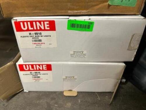 (2) ULINE H6510 PLASTIC EXIT SIGNS W/ GREEN LIGHTS ( NEW )