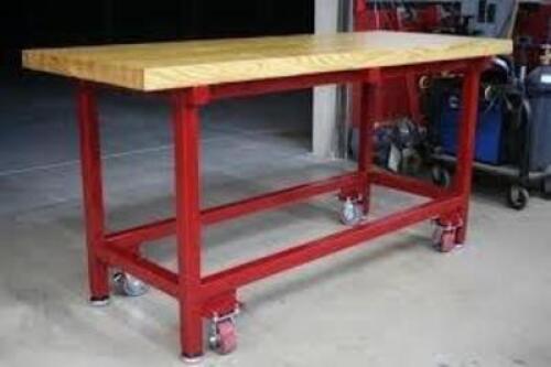 DESCRIPTION: (1) MOBILE WORK TABLE BRAND/MODEL: DURHAM INFORMATION: RED STEEL FRAME, WOODEN WORK TOP SIZE: 60" X 30" X 27" RETAIL$: $590.00 EA QTY: 1