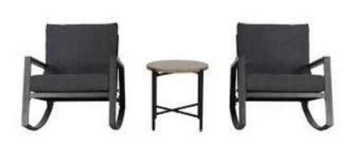 DESCRIPTION: (1) 3-PIECE ROCKER SET PATIO FURNITURE BRAND/MODEL: MAINSTAYS INFORMATION: WESTMONT, BLACK RETAIL$: $249.00 EA QTY: 1