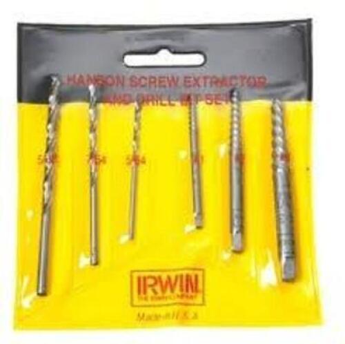 DESCRIPTION: (1) SPIRAL SCREW EXTRACTOR AND DRILL SET BRAND/MODEL: IRWIN #1829571 INFORMATION: 6 PIECES RETAIL$: $17.00 EA QTY: 1