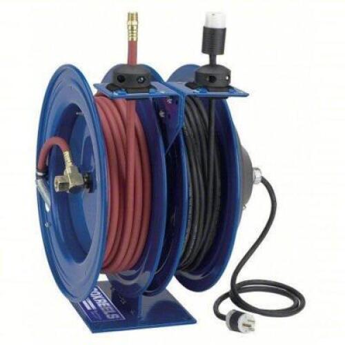 DESCRIPTION: (1) DUAL REEL SPRING RETURN HOSE REEL BRAND/MODEL: COXREELS #5FZW9 INFORMATION: BLUE, SLIGHT DAMAGE, MUST COME INSPECT SIZE: 3/8" X 50' R