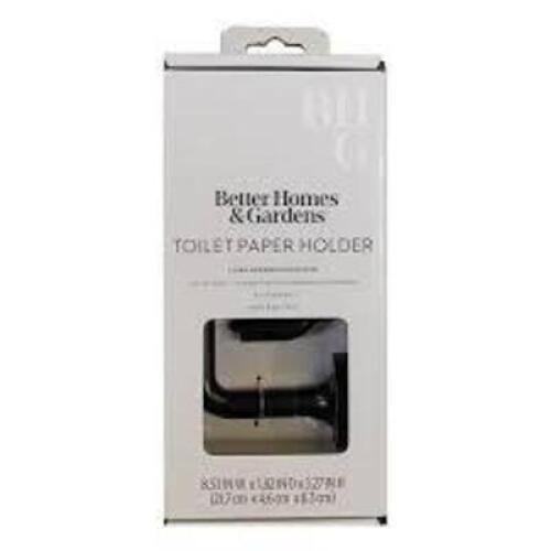 DESCRIPTION: (2) TOILET PAPER HOLDER BRAND/MODEL: BETTER HOMES AND GARDENS INFORMATION: MATTE BLACK FINISH, RUST RESISTANT SIZE: 8.53" W X 1.82" D X 3