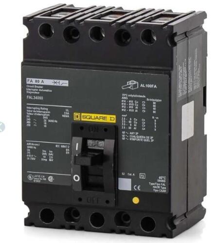 DESCRIPTION: (1) 3 POLE CIRCUIT BREAKER BRAND/MODEL: SQUARE D/FAL34080 INFORMATION: 80A, 3PH, 480VAC RETAIL$: $1,044 SIZE: 4.13" X 4.5" X 6.4" QTY: 1