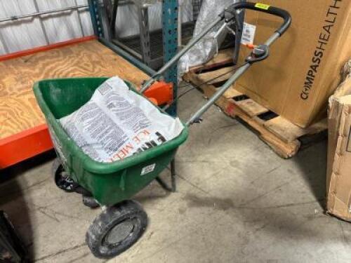 SCOTSMAN DROP SPREADER W/ PARTIAL BAG OF ROCK SALT