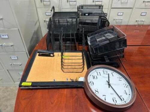 (1) LOT OF WIRE FILE ORGANIZERS, CORK BOARDS, WALL CLOCK