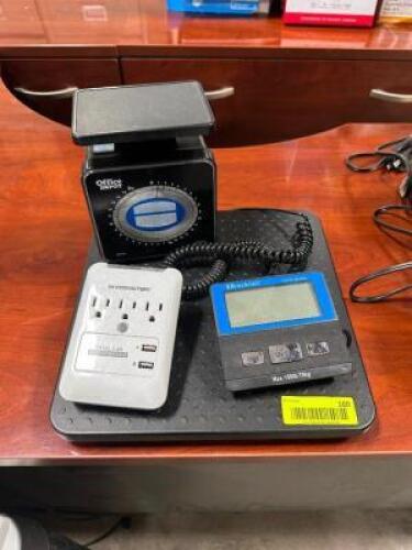 DIGITAL SHIPPING SCALE, 2 LB. PORTION SCALE, AND MULTI OUTLET PLUG.