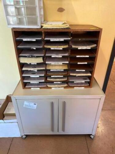 WOODEN OFFICE MAILBOX ORGANIZER W/ METAL CABINET BASE.