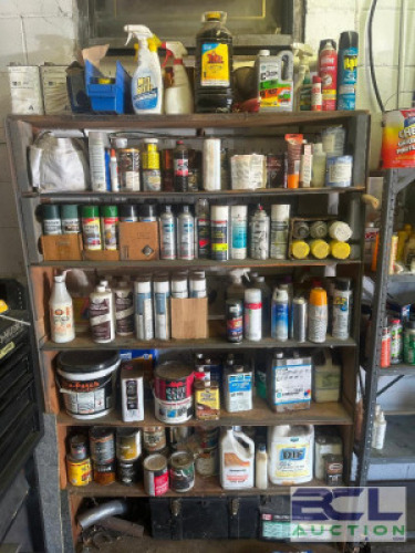 SHELF AND CONTENTS - ASSORTED PAINT, SPRAYS, CLEANERS, AND CHEMICALS.