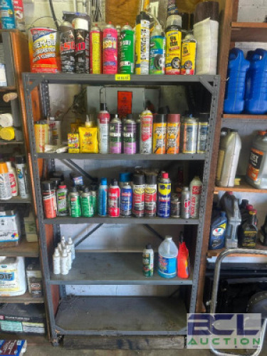 SHELF AND CONTENTS - ASSORTED PAINT, SPRAYS, CLEANERS, AND CHEMICALS.