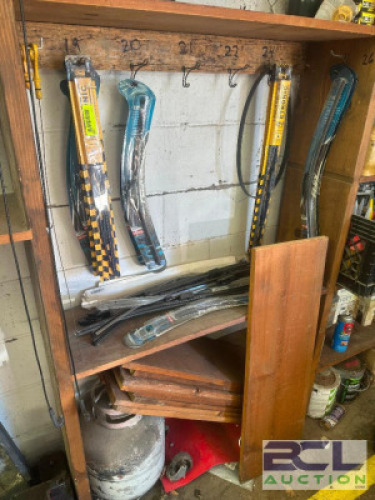 CONTENTS OF SHELF - ASSORTED WIPER BLADES, PROPANE TANK, MECHANICS DOLLY.