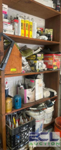CONTENTS OF SHELF- ASSORTED OILS, SEALANTS, AND CHEMICALS